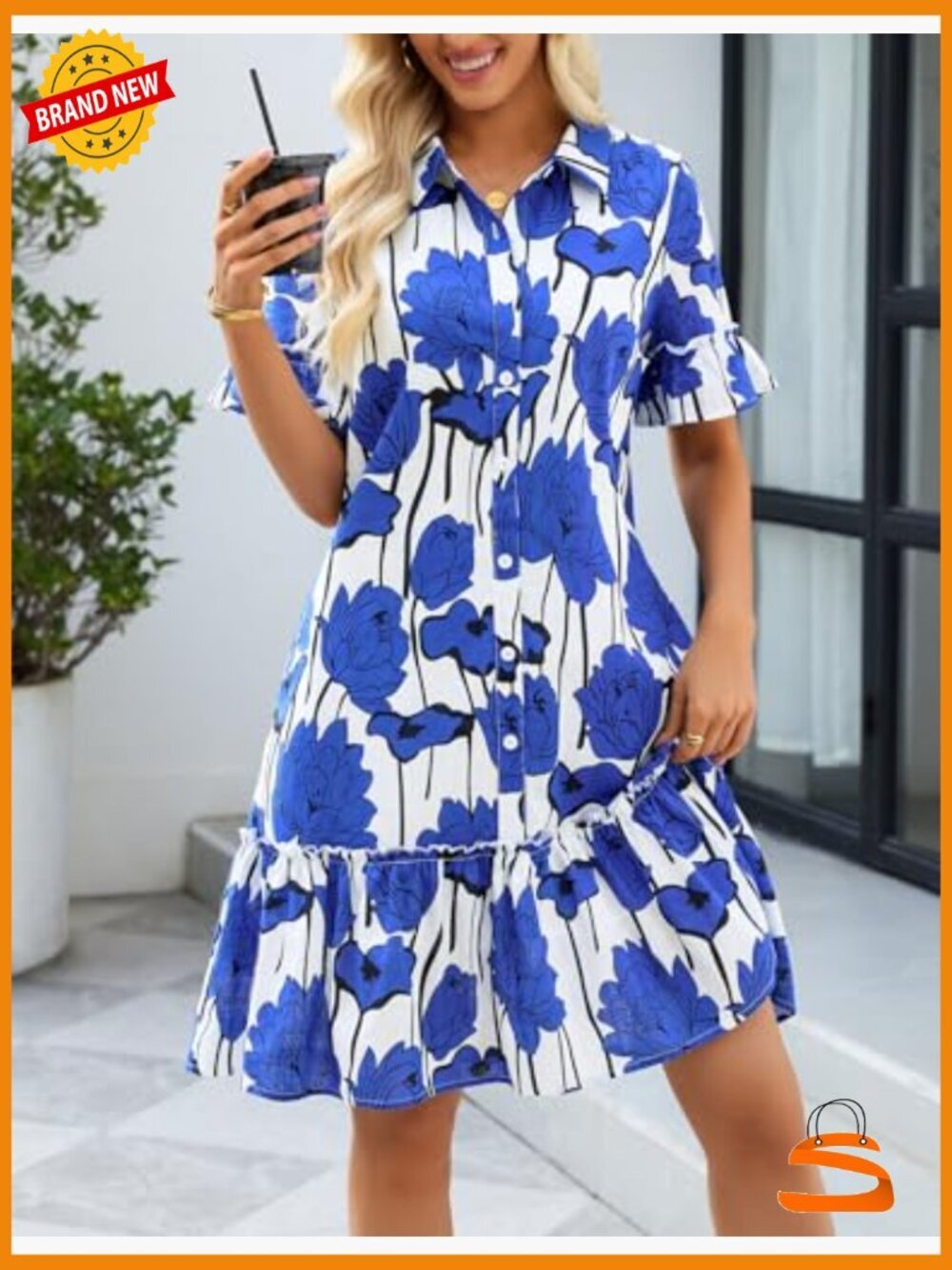 Button Down Ruffle Sleeve Shift Mini Dress with Pockets - Picture 2 of 7